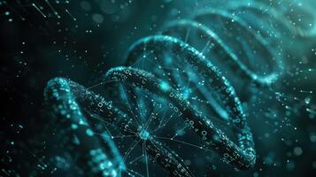 Abstract visualization of a DNA helix composed of glowing binary code against a dark backdrop photo
