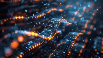 Abstract digital landscape with flowing data streams and glowing particles in a futuristic setting photo