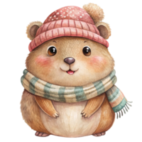 cute little hamster in winter hat and scarf, watercolor illustration png