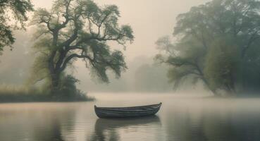 Misty lake with a solitary wooden boat floating softly on the water under a serene atmosphere. photo