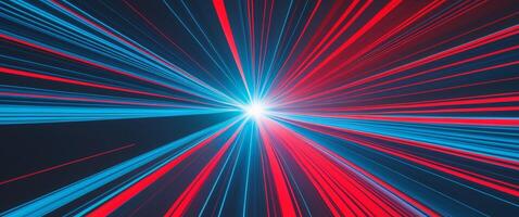 Abstract digital render with lines of blue and red converging toward a bright center point photo