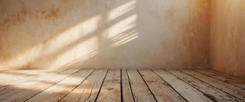 A weathered interior with sunlit walls and a rustic wooden floor featuring light and shadow. photo