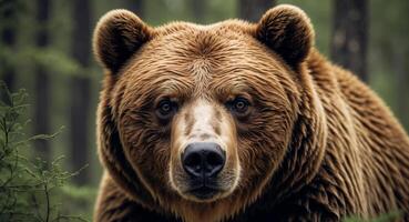 A close up of a brown bear's face in the woods photo