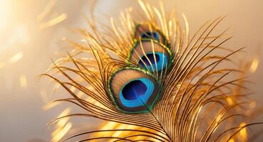 Close up of radiant gold peacock feather on vibrant golden background symbolizing beauty and prosperity with ample space for text overlay photo