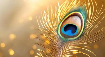 Close up of radiant gold peacock feather on vibrant golden background symbolizing beauty and prosperity with ample space for text overlay. photo