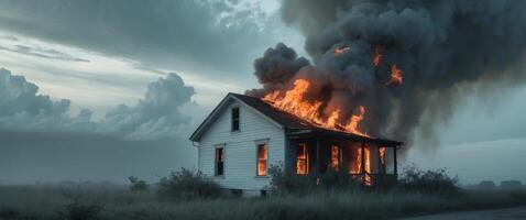 A house is on fire and the sky is cloudy. photo