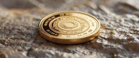 Shiny gold coin with intricate design resting on textured surface representing wealth and prosperity with ample copy space for text photo
