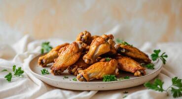 Crispy chicken wings served hot on a plate ready for the next exciting gathering or celebration photo