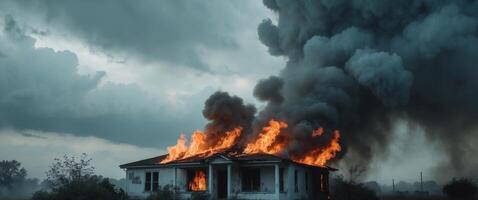 A house is on fire and the sky is cloudy photo