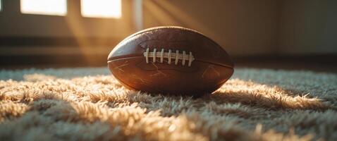 Rugged football resting on soft carpet under illuminated window rays in a dark room photo