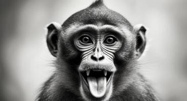 A close up of a monkey with its mouth open and tongue out photo