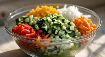 A vibrant medley of colorful chopped vegetables being mixed in a glass bowl photo