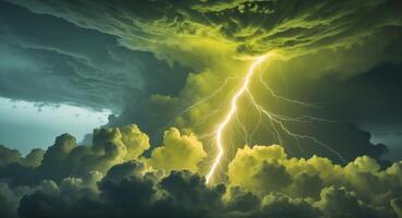 Dramatic Storm Cloudscape with Lightning and Yellow Green Hues photo
