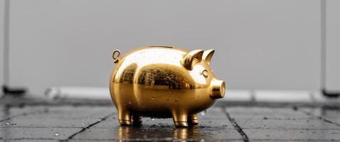 A gold piggy bank is sitting on a wet sidewalk photo