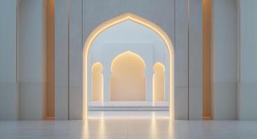 Elegant Bright Archway Opening Into a Serene Illuminated Space Design. photo