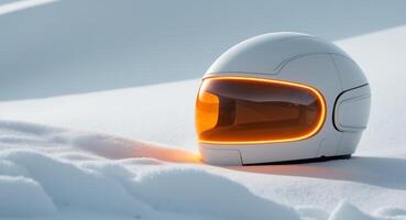 Futuristic White Helmet with Glowing Orange Display on Snowy Surface photo