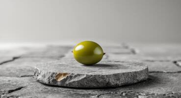 A green olive sitting on top of a stone floor photo