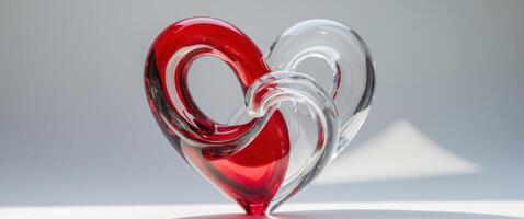 Glass heart sculptures in red and clear reflecting light and emotion photo