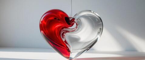 Glass heart sculptures in red and clear reflecting light and emotion. photo