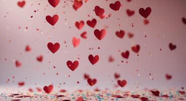 Red hearts falling on pink background with confetti photo