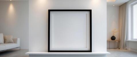 white wall with black thin frame empty frame mock up cozy modern interior room background photo
