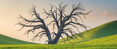 Dead tree stands alone in vibrant green field under bright natural light showcasing weather extremes. photo