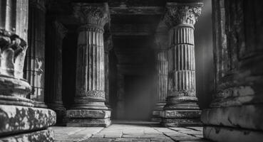 Ancient Stone Columns with Intricate Carvings in Dimly Lit Corridor. photo