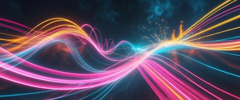 Abstract flowing lines with vibrant colors and light streaks on a dark background photo
