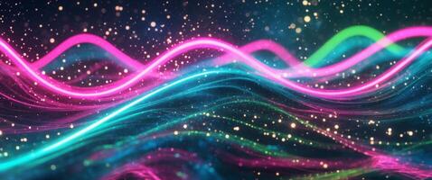 Radiant neon light wave with cosmic particle effects and abstract textures creating a visually stunning futuristic art piece. photo