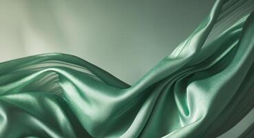 Elegant emerald green silk fabric with dramatic folds and ripples shimmering softly with a gentle glow. photo