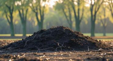Mound of dark soil in a field under a warm sunlight with trees in the background. photo
