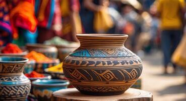 Vibrant traditional pottery displayed in a bustling market adorned with colorful textiles. photo