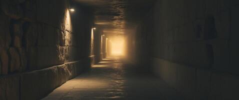 Mysterious dimly lit corridor with stone walls and soft light from overhead fixtures photo