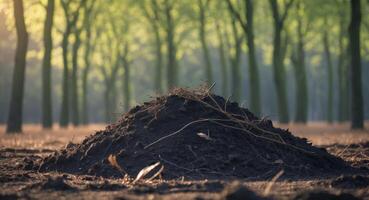 Mound of dark soil in a field under a warm sunlight with trees in the background photo