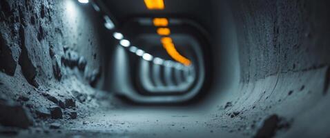 Close up view of an underground tunnel with concrete walls and dim lighting photo