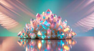 Glowing multicolored crystal cluster on reflective surface with light rays background. photo