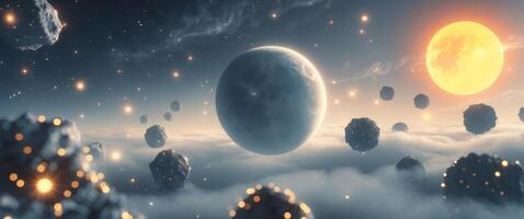 Planet surrounded by glowing asteroids and cosmic debris with radiant sun in the distance. photo