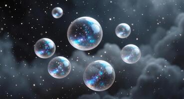 Cosmic bubbles with a galaxy effect floating in a dark atmospheric background. photo