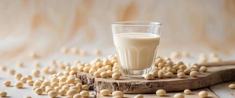 Soy milk in a glass and soy beans on a wooden background. photo