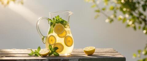 Refreshing lemonade in a glass pitcher on a sunny picnic table with lemon and mint photo