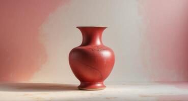 Antique red ceramic vase positioned on a soft pink and cream gradient background with warm lighting and ample copy space for decor promotions photo
