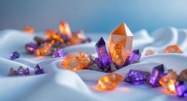 brillante naranja y púrpura cristales en blanco tela con un azul antecedentes. foto