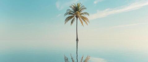 Serenity of a Lone Palm Tree Reflecting in Calm Water Under Clear Sky. photo