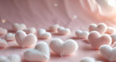 Fluffy Heart Shaped Decorations On Pink Background photo