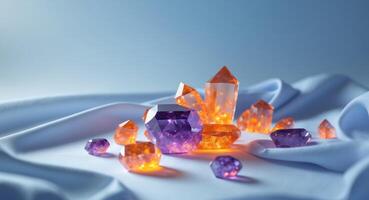 brillante naranja y púrpura cristales en blanco tela con un azul antecedentes foto