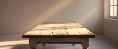Wooden Table with Soft Shadows and Natural Light Streaming Through Windows photo