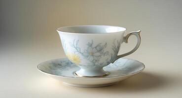 A white tea cup with a floral design sits on a saucer. photo