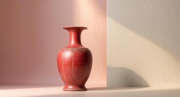 Antique red ceramic vase positioned on a soft pink and cream gradient background with warm lighting and ample copy space for decor promotions. photo