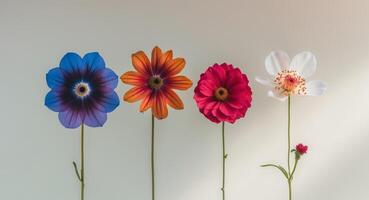 four different colored flowers are arranged in a row. photo