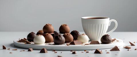 Cocoa coffee truffles Variety of chocolate treats on a white platter with cocoa coffee cup and chocolate pieces in the background photo